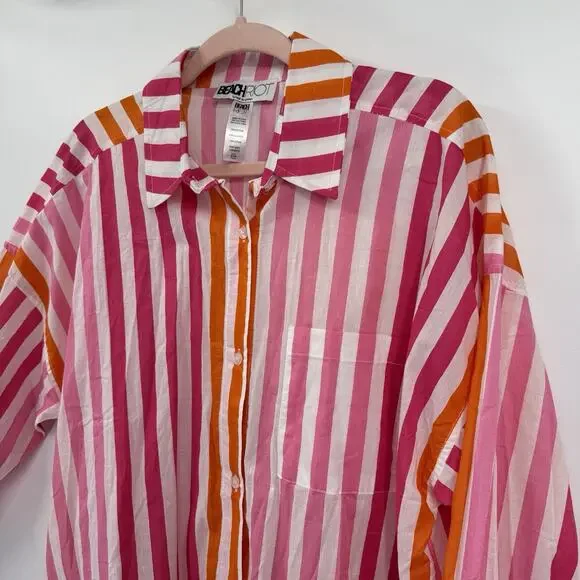 BEACH RIOT Alexa Stripe Button Down Tunic L/XL Sunset Stripes Pink Orange Swim - Picture 2 of 7